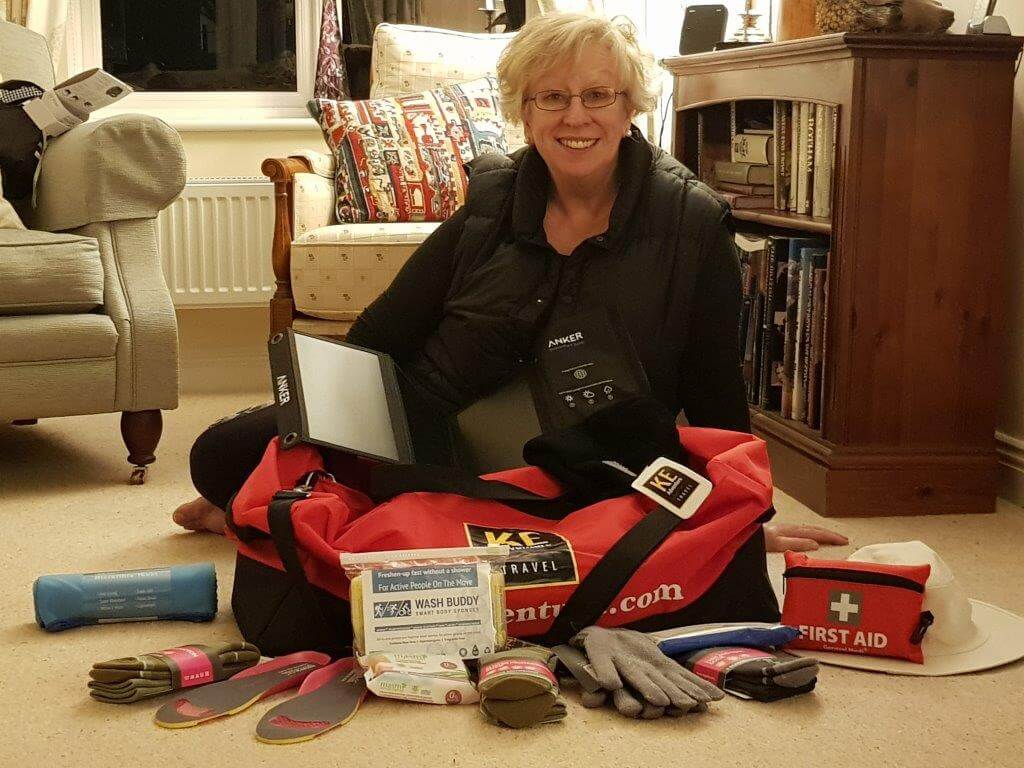 Christine with her equipment to get her to base camp