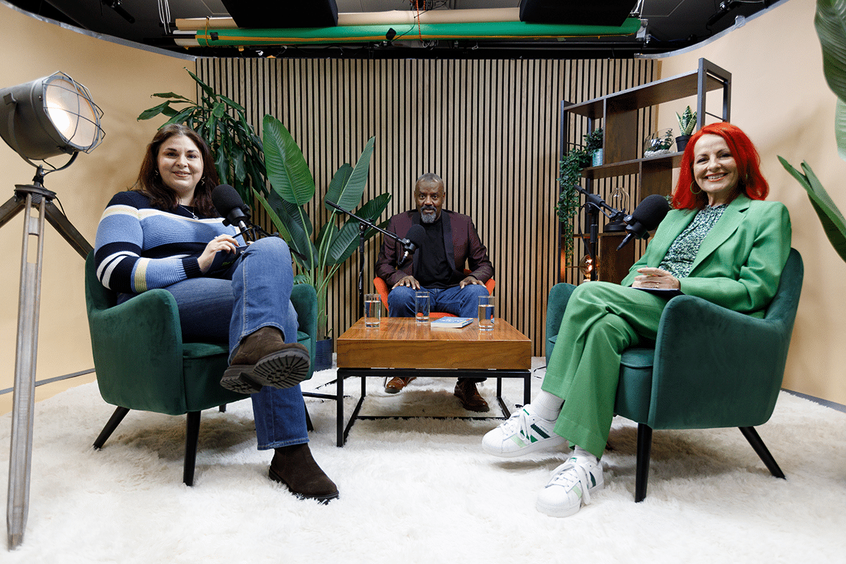 David and Carrie Grant and Dr Samantha Flynn on the set of 'The Calm in the Complicated' podcast